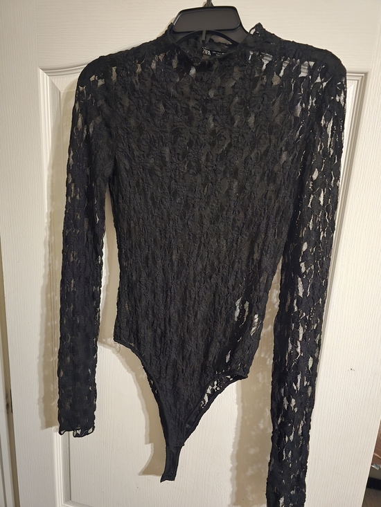 Zara Tops - Zara Black Floral Lace Long-Sleeve Mock-Neck Bodysuit SZ LG